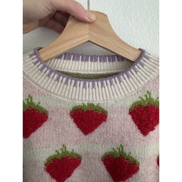 Vintage Handmade Womens Strawberry Knit Sweater Pink White Striped Pullover XS/S - Picture 2 of 9